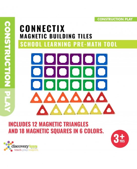 CONNECTIX Magnetic Building Tiles | Kid-Powered Learning | STEM Toy | Set of 30 Magnetic Squares and Triangles in 6 Colors | ...