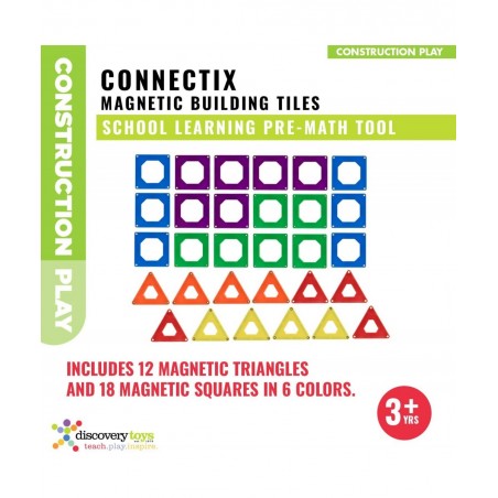 CONNECTIX Magnetic Building Tiles | Kid-Powered Learning | STEM Toy | Set of 30 Magnetic Squares and Triangles in 6 Colors | ...