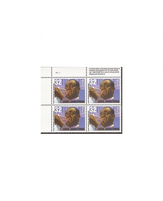 LOUIS B. ARMSTRONG ~ JAZZ ~ BLACK HERITAGE 2982 Plate Block of 4 x 32 cents US Postage Stamps $14.56 Collectible Postage Stamps