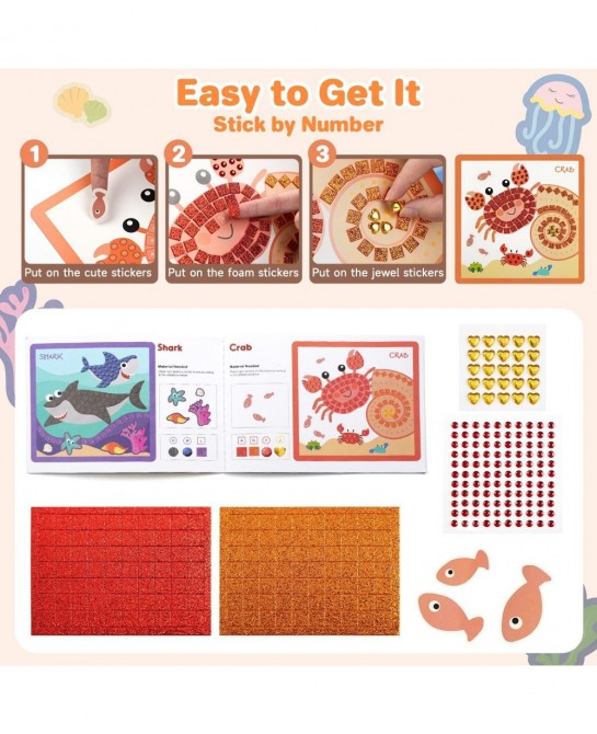 Mosaic Sticker 8 Sheets Ocean Animal Paint by Stickers for Kids Ages 3-8 Preschool Learning Activities Include Shark Crab Sti...