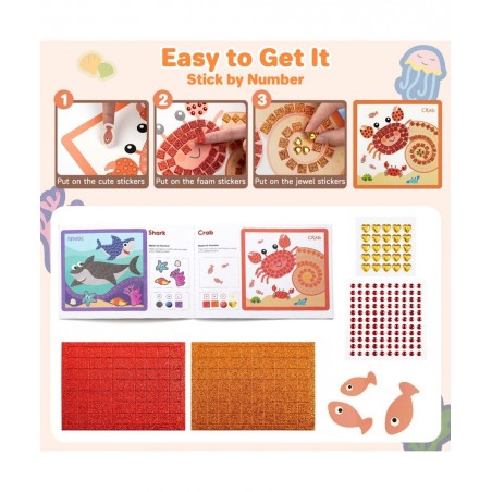 Mosaic Sticker 8 Sheets Ocean Animal Paint by Stickers for Kids Ages 3-8 Preschool Learning Activities Include Shark Crab Sti...