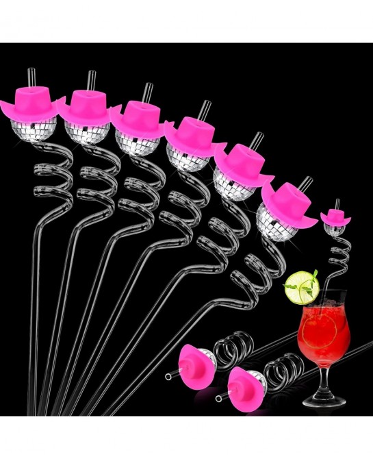 Mirror Disco Ball Straws Silver 70s Disco Decorative Straws Mini Disco Cowboy Cowgirl Pink Hat Straw Disco Bachelorette Party...