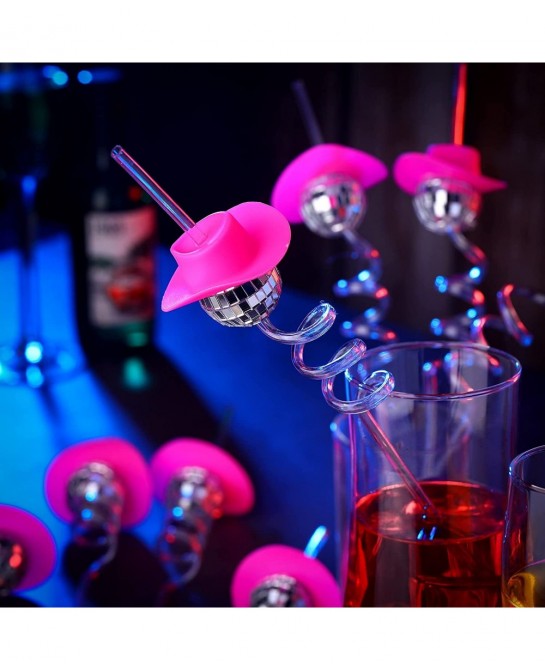 Mirror Disco Ball Straws Silver 70s Disco Decorative Straws Mini Disco Cowboy Cowgirl Pink Hat Straw Disco Bachelorette Party...