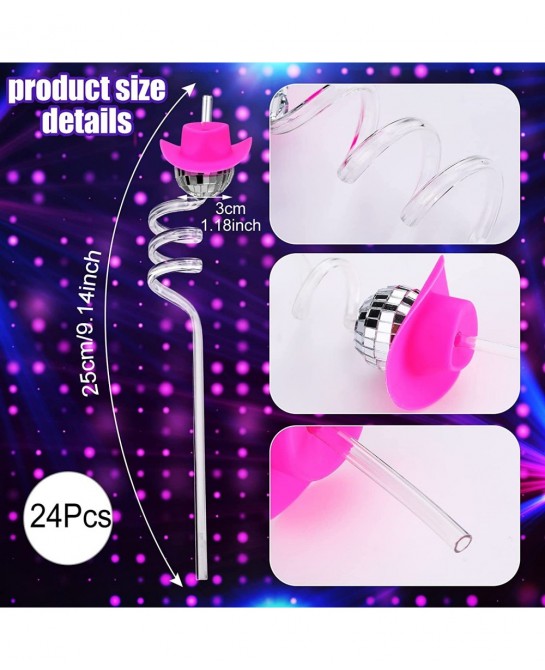 Mirror Disco Ball Straws Silver 70s Disco Decorative Straws Mini Disco Cowboy Cowgirl Pink Hat Straw Disco Bachelorette Party...