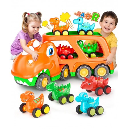 Toddler Car Toy for 2 3 4 5 Years Old Dinosaur Transport Carrier Truck with 4 Pack Small Pull Back Dino Car Friction Power Ve...
