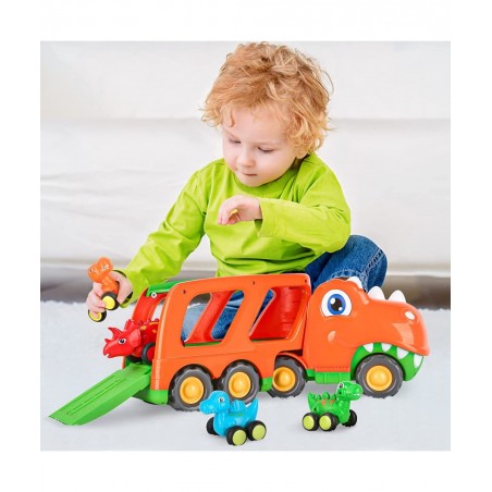 Toddler Car Toy for 2 3 4 5 Years Old Dinosaur Transport Carrier Truck with 4 Pack Small Pull Back Dino Car Friction Power Ve...