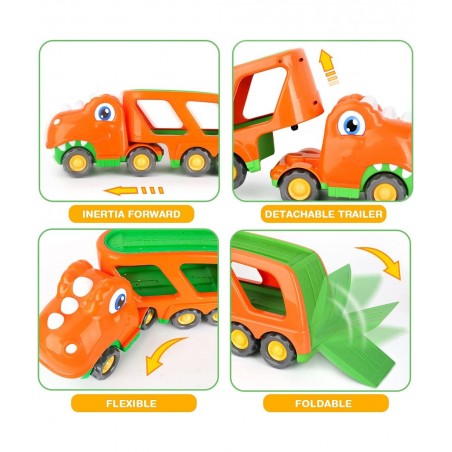 Toddler Car Toy for 2 3 4 5 Years Old Dinosaur Transport Carrier Truck with 4 Pack Small Pull Back Dino Car Friction Power Ve...