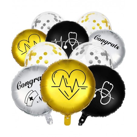 25 Pieces Nurse Balloons 18 Inch 12 Inch Nurse Graduation Foil Balloons with Double Sided Gold Silver Nursing Latex Balloons ...