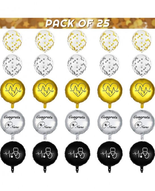 25 Pieces Nurse Balloons 18 Inch 12 Inch Nurse Graduation Foil Balloons with Double Sided Gold Silver Nursing Latex Balloons ...