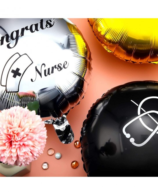 25 Pieces Nurse Balloons 18 Inch 12 Inch Nurse Graduation Foil Balloons with Double Sided Gold Silver Nursing Latex Balloons ...