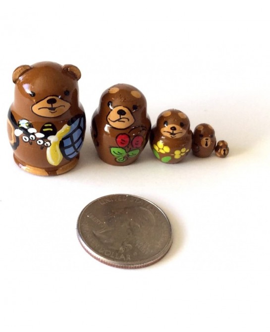 1.25" Tall Brown Bear Mini Nesting Dolls Russian Hand Carved Hand Painted 5 Piece Matryoshka Set $54.28 Nesting Dolls