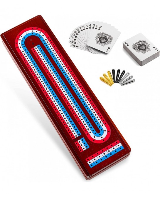 Cribbage Board Game Set with Large Storage Area Solid Wood 3 Track Cribbage Board 9 Metal Pegs 2 Playing Cards and Instructio...