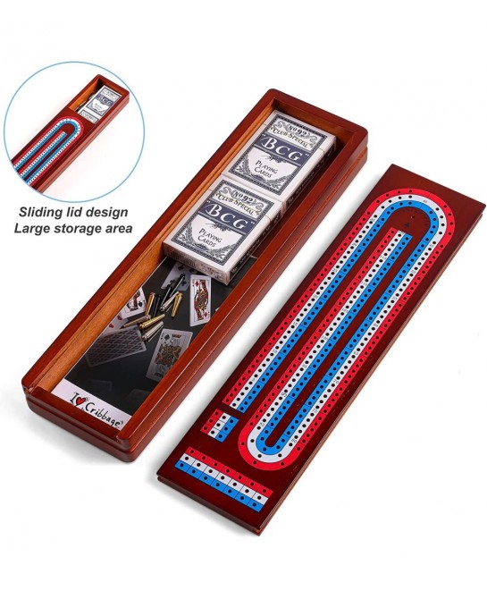 Cribbage Board Game Set with Large Storage Area Solid Wood 3 Track Cribbage Board 9 Metal Pegs 2 Playing Cards and Instructio...