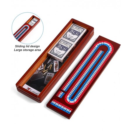 Cribbage Board Game Set with Large Storage Area Solid Wood 3 Track Cribbage Board 9 Metal Pegs 2 Playing Cards and Instructio...