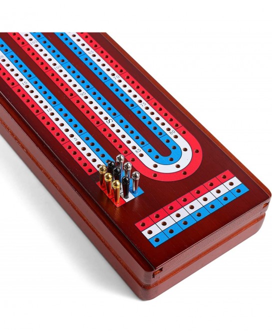 Cribbage Board Game Set with Large Storage Area Solid Wood 3 Track Cribbage Board 9 Metal Pegs 2 Playing Cards and Instructio...