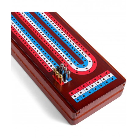 Cribbage Board Game Set with Large Storage Area Solid Wood 3 Track Cribbage Board 9 Metal Pegs 2 Playing Cards and Instructio...
