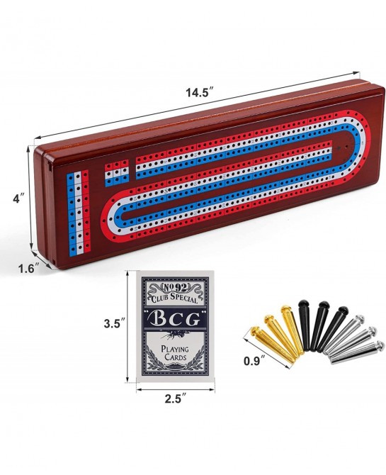 Cribbage Board Game Set with Large Storage Area Solid Wood 3 Track Cribbage Board 9 Metal Pegs 2 Playing Cards and Instructio...