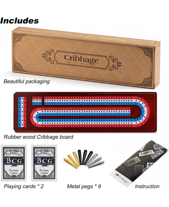Cribbage Board Game Set with Large Storage Area Solid Wood 3 Track Cribbage Board 9 Metal Pegs 2 Playing Cards and Instructio...