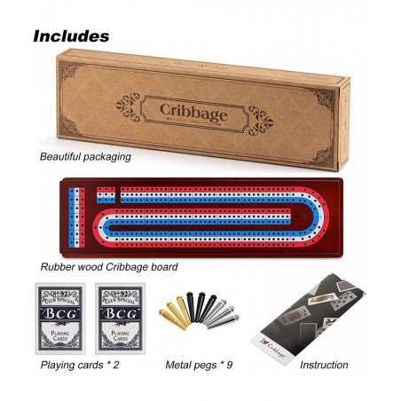 Cribbage Board Game Set with Large Storage Area Solid Wood 3 Track Cribbage Board 9 Metal Pegs 2 Playing Cards and Instructio...