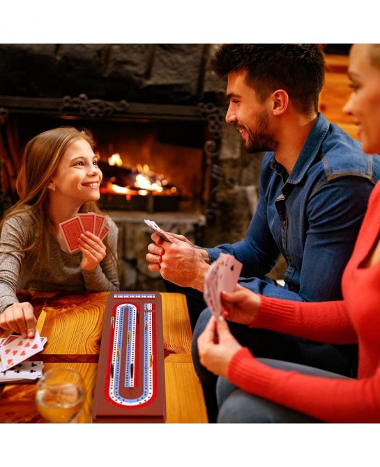 Cribbage Board Game Set with Large Storage Area Solid Wood 3 Track Cribbage Board 9 Metal Pegs 2 Playing Cards and Instructio...