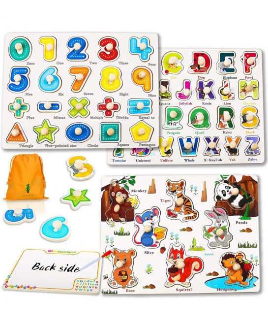 Toddler Puzzles for 1 2 3 4 Years Old 3 Pack Dual Purpose Baby Puzzles Wooden Puzzles Set - Math Letters and Animals Kids Pre...