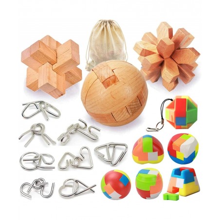 17 Pack Brain Teasers Puzzles for Kids & Adults Brain Teasers Metal and Wooden IQ Puzzle Toys Mind Game 3D Coil Cast Wire Unl...