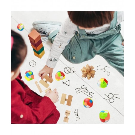 17 Pack Brain Teasers Puzzles for Kids & Adults Brain Teasers Metal and Wooden IQ Puzzle Toys Mind Game 3D Coil Cast Wire Unl...
