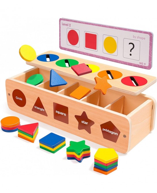 Wooden Shape & Color Sorting Toy with Storage Box 25 Non-Toxic Geometric Blocks Montessori Toy Preschool Educational Learning...