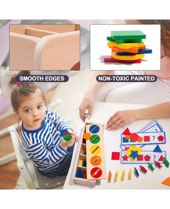 Wooden Shape & Color Sorting Toy with Storage Box 25 Non-Toxic Geometric Blocks Montessori Toy Preschool Educational Learning...