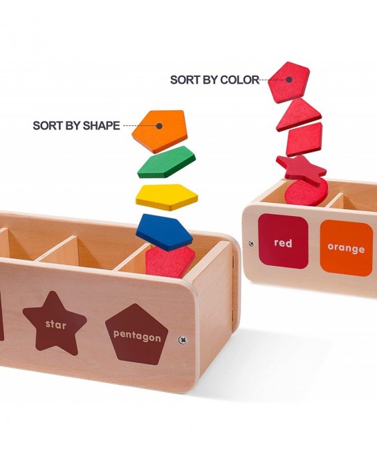 Wooden Shape & Color Sorting Toy with Storage Box 25 Non-Toxic Geometric Blocks Montessori Toy Preschool Educational Learning...
