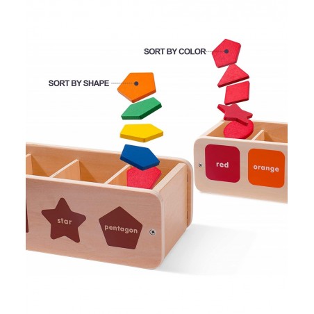 Wooden Shape & Color Sorting Toy with Storage Box 25 Non-Toxic Geometric Blocks Montessori Toy Preschool Educational Learning...