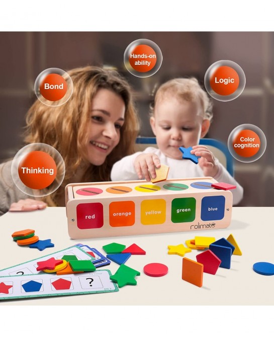 Wooden Shape & Color Sorting Toy with Storage Box 25 Non-Toxic Geometric Blocks Montessori Toy Preschool Educational Learning...