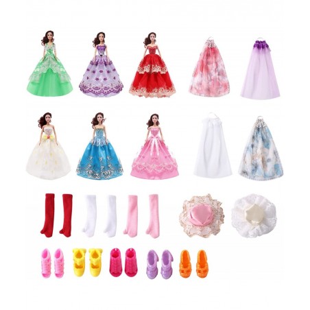 6 Handmade Clothes Doll Wedding Party Dress 4 Headdresses 2 Hats 3 Pairs of Gloves 5 Pairs of Shoes Suitable for 11.5 Inch Do...