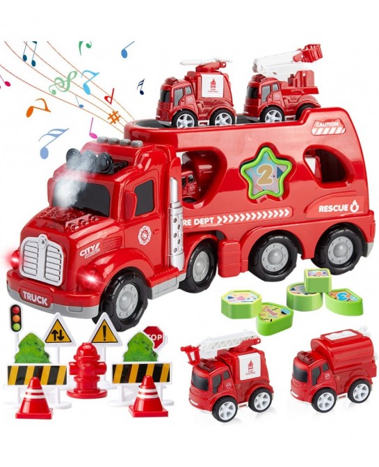 Toddler Toys Car Kids 22 in 1 Carrier Vehicle Fire Truck Toys Playset with 4 Alloy Cars Road Signs Mist Spray Flashing Lights...
