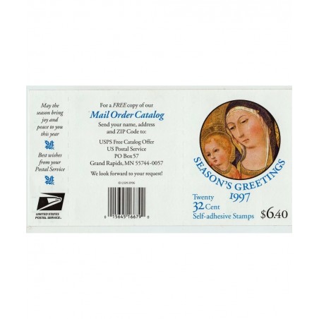 US Stamp 1997 32c Christmas Madonna & Child Booklet of 20 Stamps 3176a $24.92 Collectible Postage Stamps