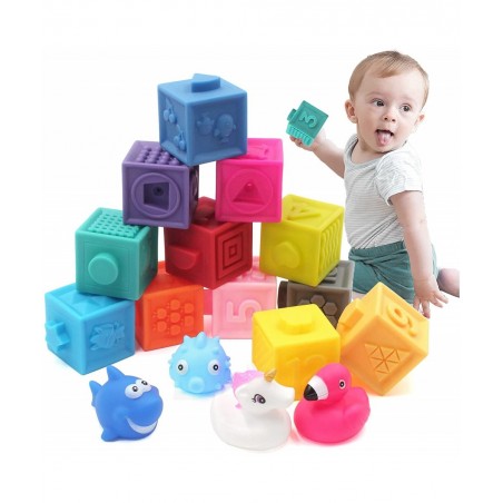 Baby Blocks 16 PCS Baby Soft Building Blocks Stacking Blocks with Shark Animals and Number Educational Montessori Toys for Ba...