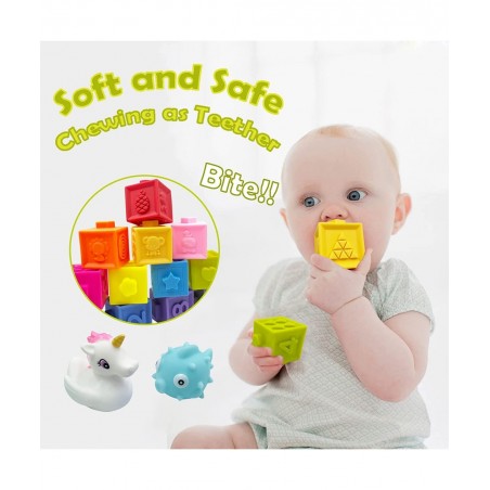 Baby Blocks 16 PCS Baby Soft Building Blocks Stacking Blocks with Shark Animals and Number Educational Montessori Toys for Ba...