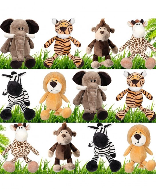 12 Pieces Safari Stuffed Animals 11.8 Inch Jungle Animal Toys Set Boys Girls Plush Forest Animals Lion Elephant Zebra Giraffe...