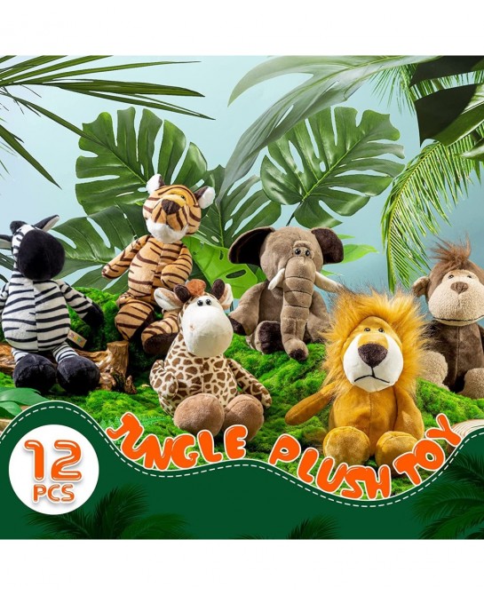 12 Pieces Safari Stuffed Animals 11.8 Inch Jungle Animal Toys Set Boys Girls Plush Forest Animals Lion Elephant Zebra Giraffe...