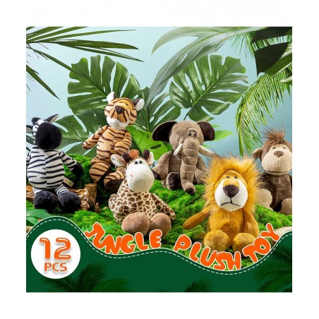 12 Pieces Safari Stuffed Animals 11.8 Inch Jungle Animal Toys Set Boys Girls Plush Forest Animals Lion Elephant Zebra Giraffe...