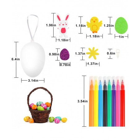 Easter White Plastic Eggs Kit 30pcs Paintable Fake Hanging Egg Ornament with 80pcs Bunny Chick Foam Sticker Pens for Kids Cra...