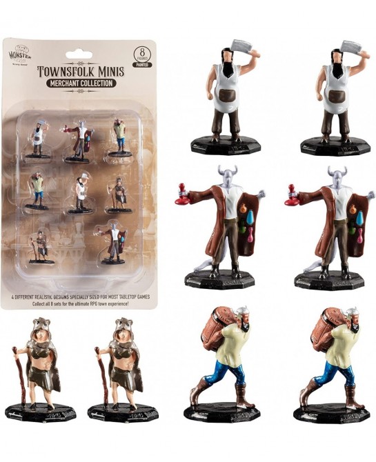 Monster Townsfolk Mini Fantasy Figures - Merchants - 8pc Hand-Painted Non Player Character NPC Miniatures - 1" Hex-Sized Comp...