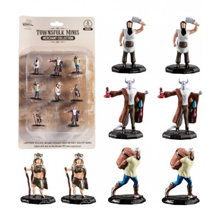 Monster Townsfolk Mini Fantasy Figures - Merchants - 8pc Hand-Painted Non Player Character NPC Miniatures - 1" Hex-Sized Comp...