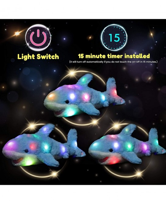 LED Plush Shark Light up Stuffed Animal Floppy Night Lights Glow in The Dark Birthday Festival for Kids Toddler Girls Blue 16...