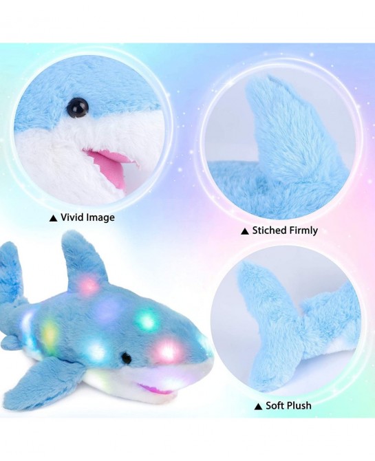 LED Plush Shark Light up Stuffed Animal Floppy Night Lights Glow in The Dark Birthday Festival for Kids Toddler Girls Blue 16...