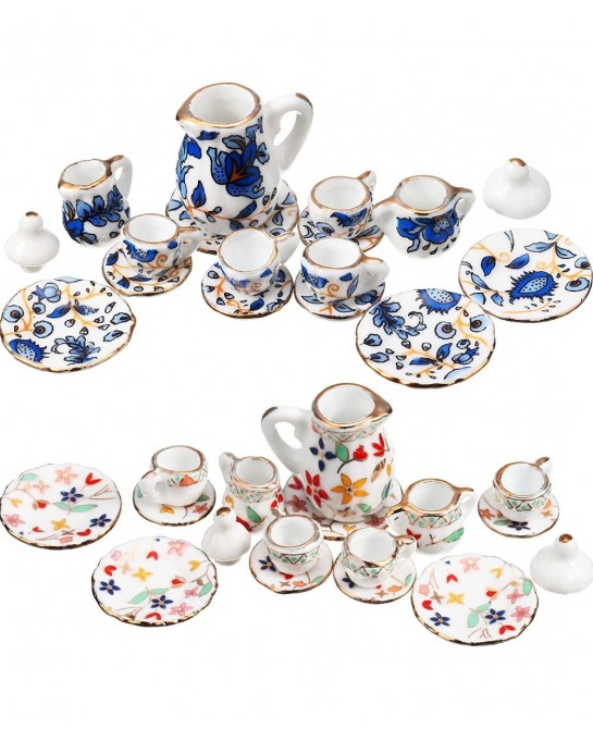 2 Set 1:12 Dollhouse Miniature Porcelain Tea Cup 30 Pieces Mini Flowers Pattern with Golden Trim Teapot Cup Plate Dollhouse K...