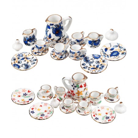 2 Set 1:12 Dollhouse Miniature Porcelain Tea Cup 30 Pieces Mini Flowers Pattern with Golden Trim Teapot Cup Plate Dollhouse K...