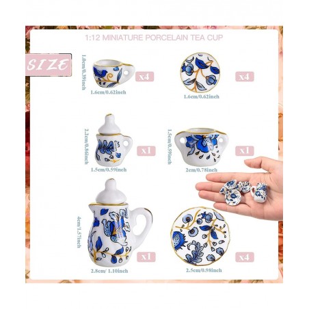 2 Set 1:12 Dollhouse Miniature Porcelain Tea Cup 30 Pieces Mini Flowers Pattern with Golden Trim Teapot Cup Plate Dollhouse K...