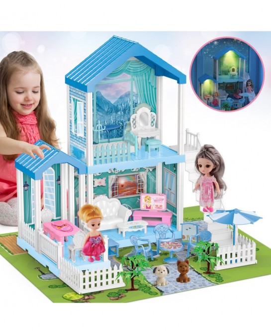 Dollhouse - Doll House 4-5 Year Old with Lights - Toddler Girls Doll House 3-5 Year Old 20" x 19" x 11" with 2 Dolls 3 Prince...