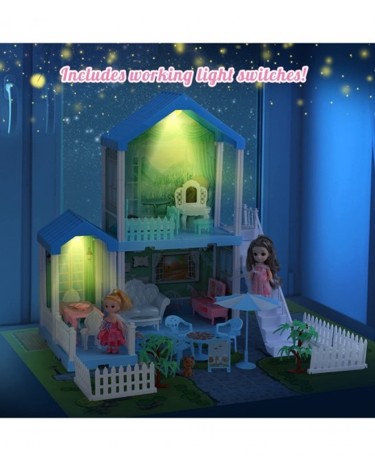 Dollhouse - Doll House 4-5 Year Old with Lights - Toddler Girls Doll House 3-5 Year Old 20" x 19" x 11" with 2 Dolls 3 Prince...